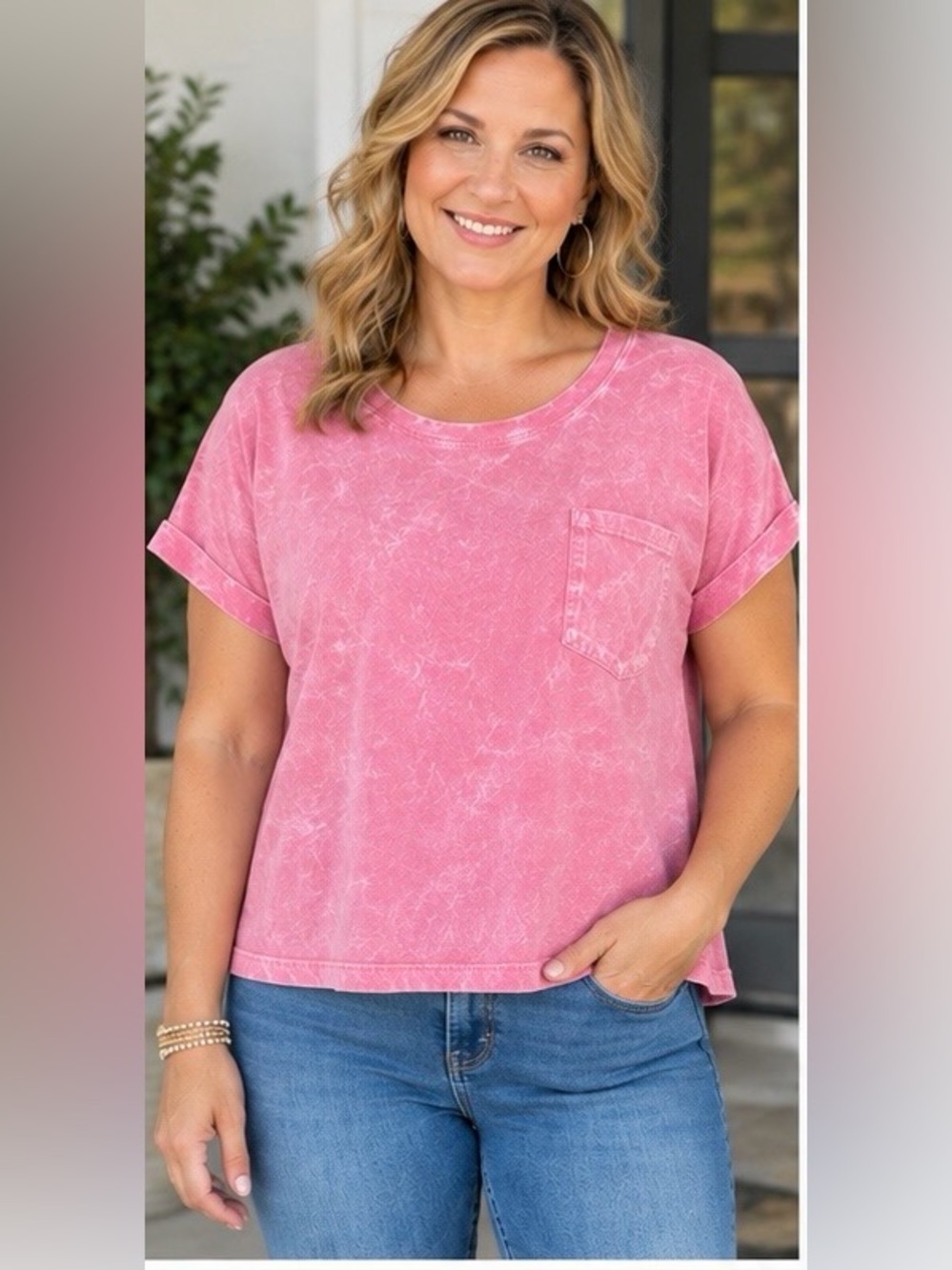 Zenana Outfitters Pink Mineral-Wash Short Sleeve Pocket Tee NWOT